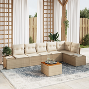 Set di divani da giardino 7 pezzi con cuscini beige in polyrattan e acacia