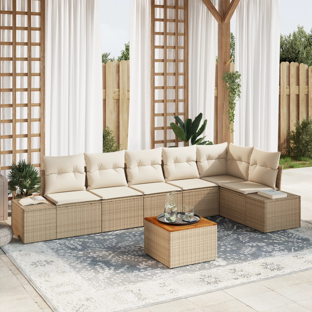 Set di divani da giardino 7 pezzi con cuscini beige in polyrattan e acacia