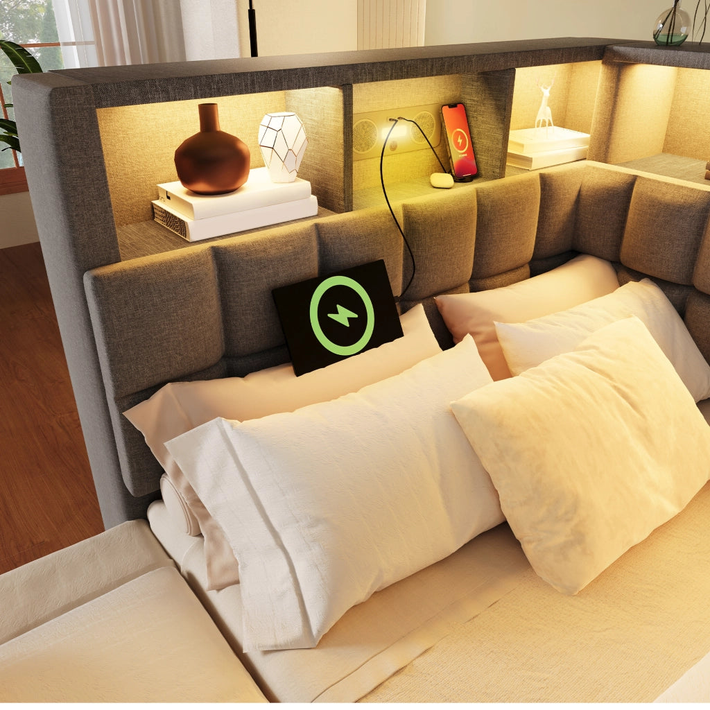 Letto imbottito 90x200 cm con letto estraibile; LED; Bluetooth e porte USB; grigio
