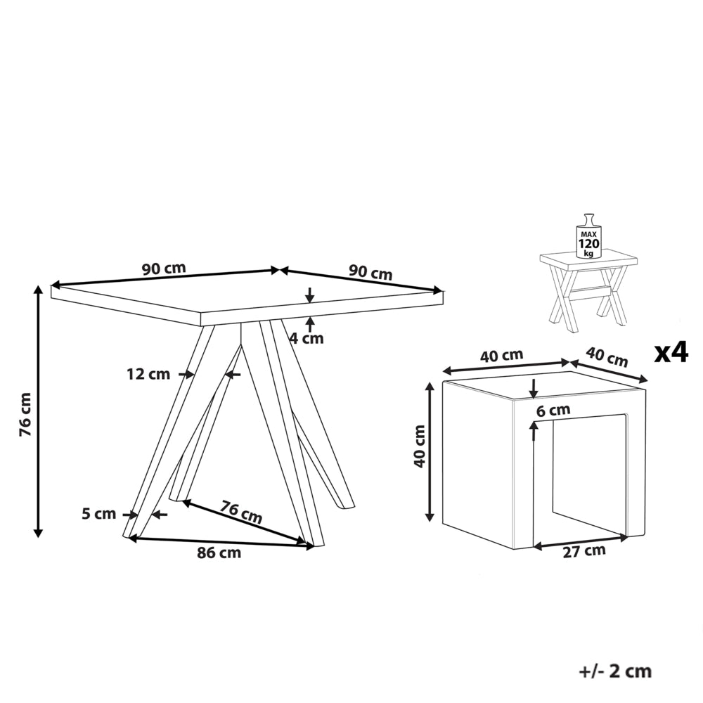 Set da Giardino con Tavolo Quadrato in Legno e 4 Sgabelli in Cemento Grigio