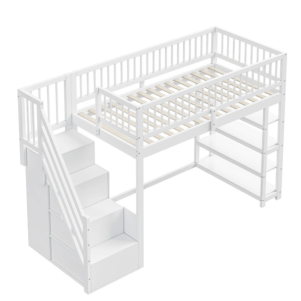 Letto a Soppalco con Armadio e Scaffali ¨C MINIMAL ¨C Massello Bianco 90x200