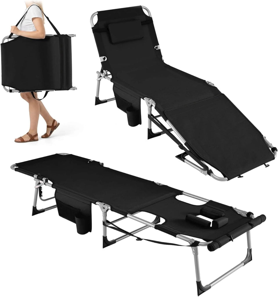 Lettino Prendisole Pieghevole Portatile, Lettino da Spiaggia con Fori per Viso e Braccia, Cuscino Poggiatesta e Tasca, Schienale Regolabile, per Mare e Piscina, Portata 180 kg (Grigio)