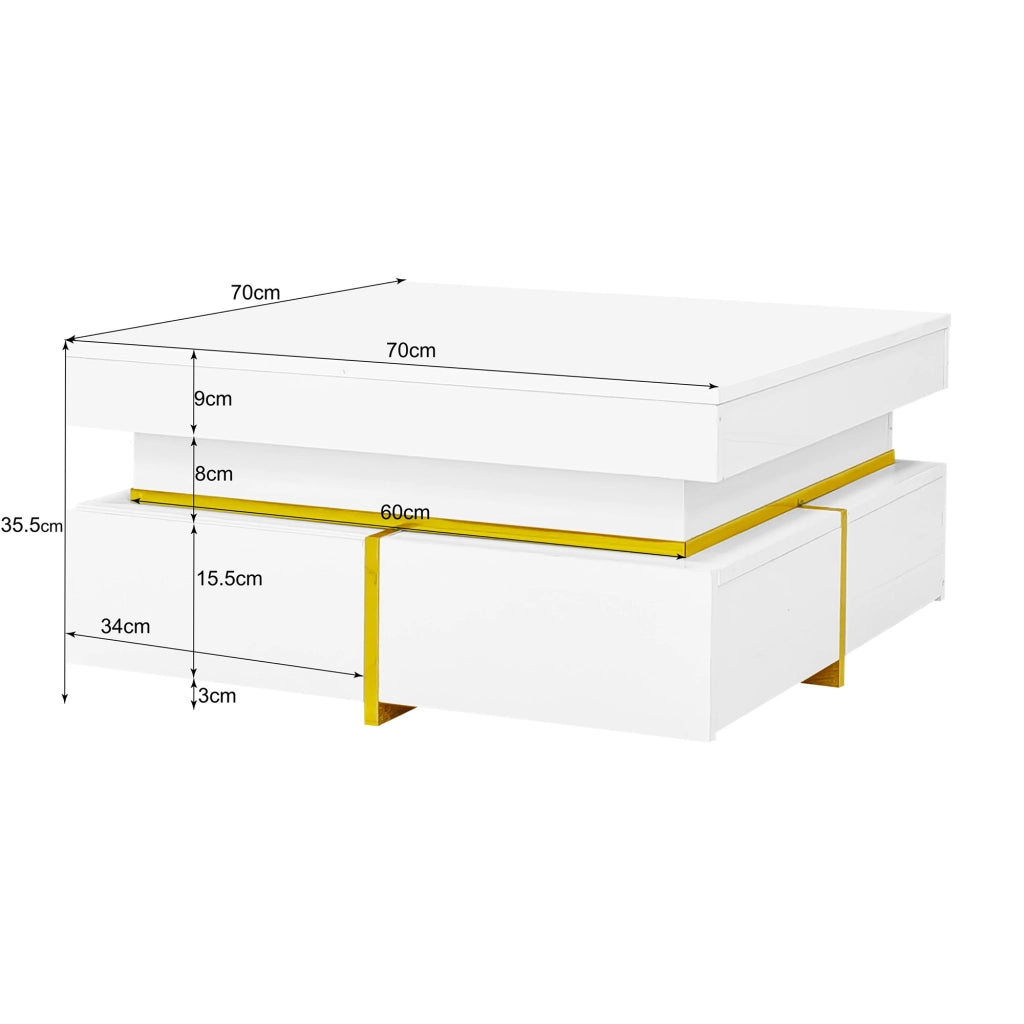 Tavolino da salotto 70x70x35.5 cm; piano lucido con due cassetti; truciolare bianco