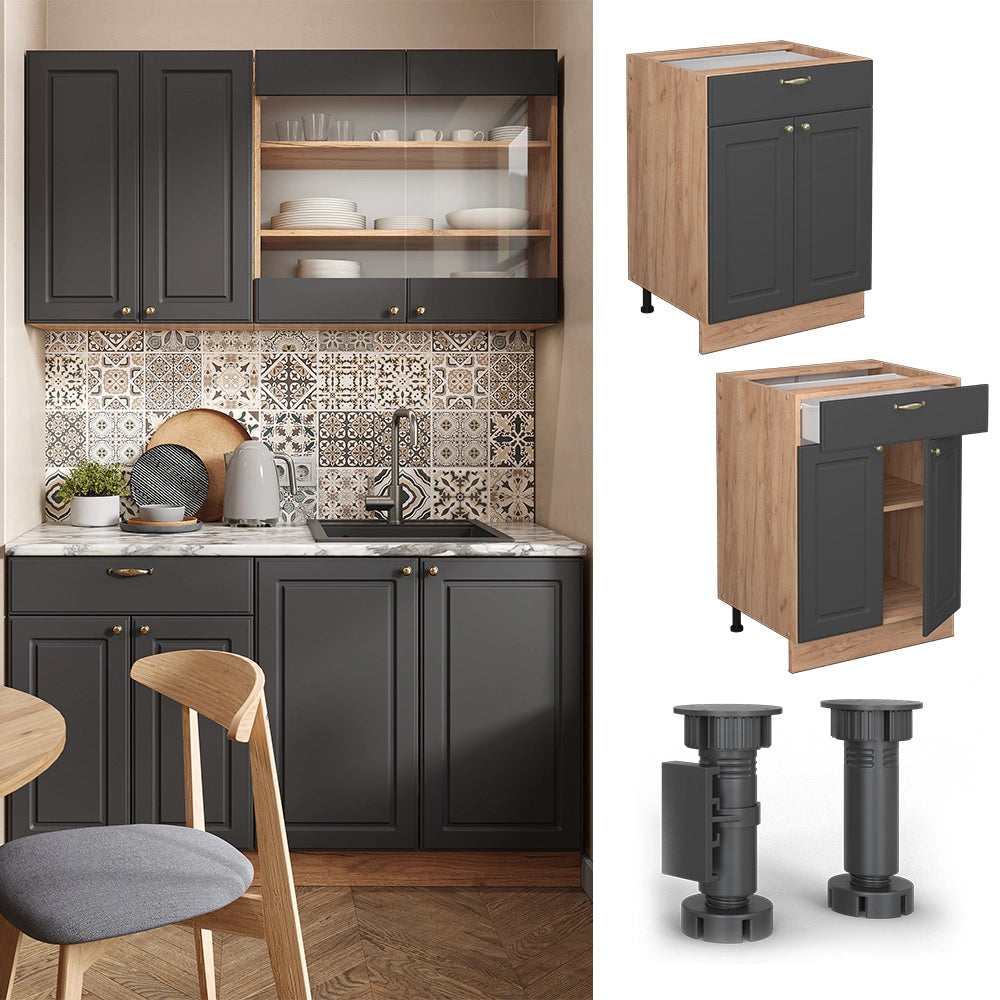 Mobiletto base per cucina Fame-Line Antracite-oro/Rovere dorato 60 cm con cassetto, PL Antracite Vicco