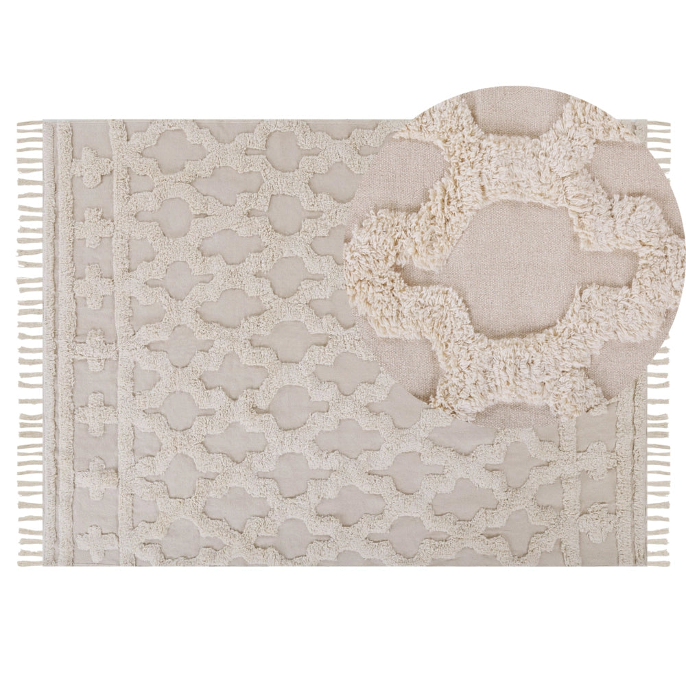 Tappeto Beige di Cotone Fatto a mano stile marocchino motivo con quadrifogli 140 x 200 cm