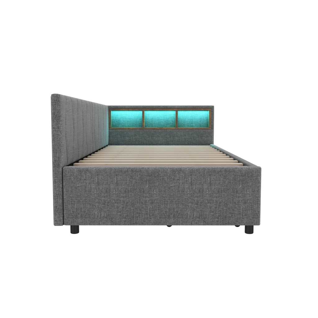 Daybed 90x200 Grigio Effetto Lino con 2 Cassetti; LED; USB Type-C e Vani Portaoggetti
