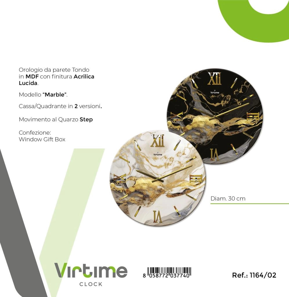 1 Pezzo Orologio da Parete Maxi in Legno MDF Marble 30 cm  2 Colori