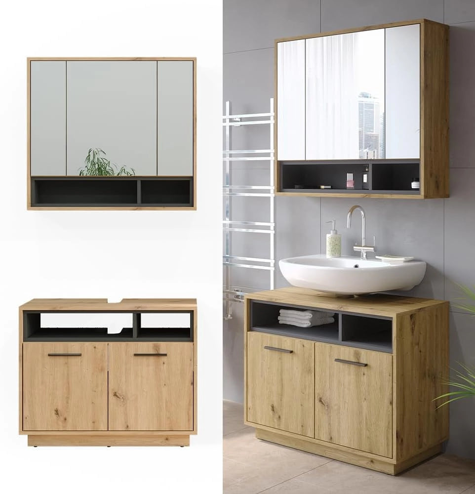 Set di mobili da bagno Beatrice, Rovere artigianale, 80 cm, composto da specchio da bagno e mobile sottolavabo