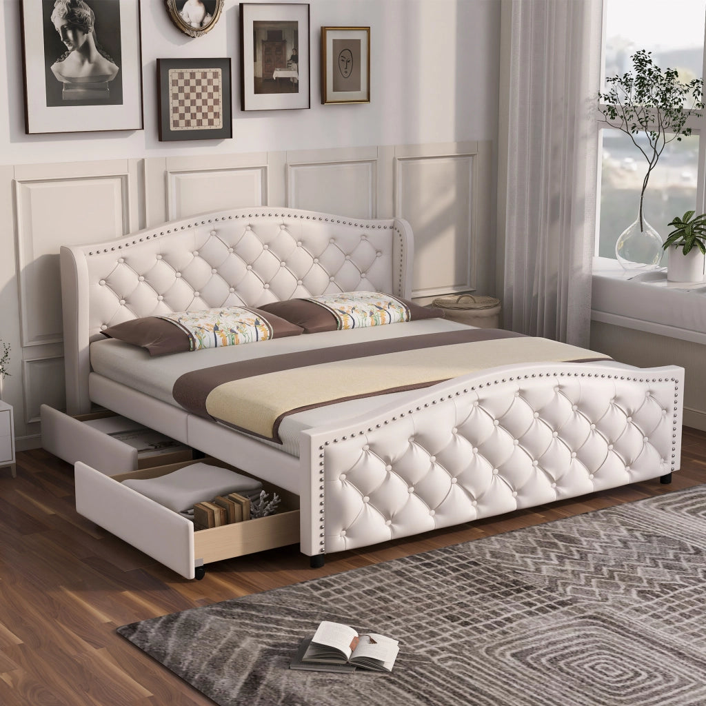 Letti contenitori 140x200 cm con 2 cassetti; testiera capitonné in PU bianco (Senza materasso)