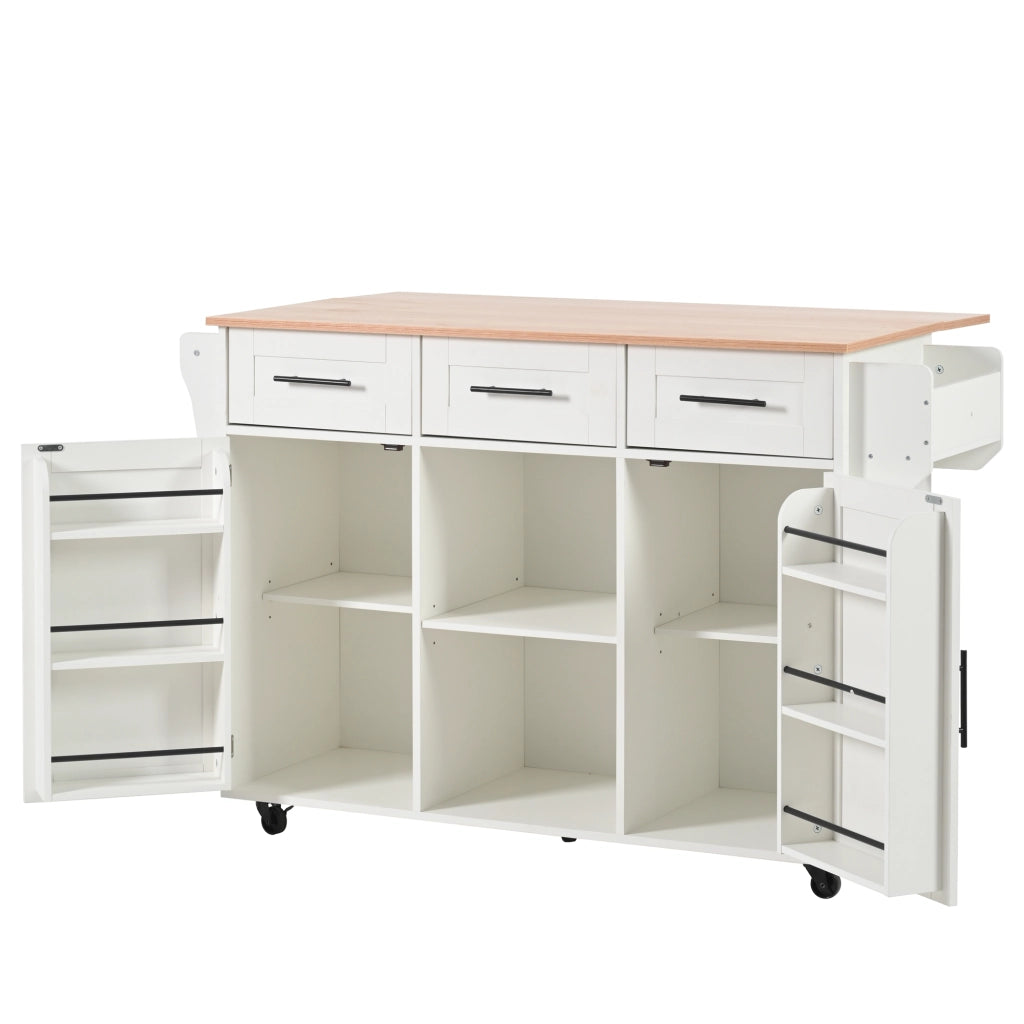 Isola da Cucina Mobile 139x46/71x91;5 cm Bianca con Piano Ribaltabile; 3 Cassetti; Ruote e Gambe in Legno