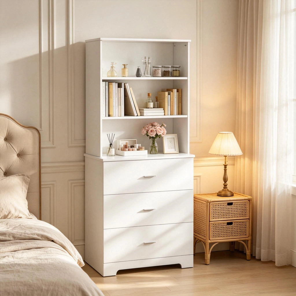 Libreria con 3 ripiani aperti e 3 cassetti in pannello di particelle bianca per ufficio 79 × 39.5 × 182.2 cm