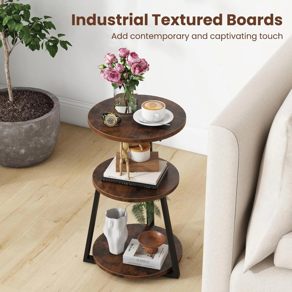 Tavolino a 3 livelli 62 cm, comodino con 3 ripiani in legno, tavolino da caffè con telaio in metallo con piedini regolabili, tavolino rotondo design industriale