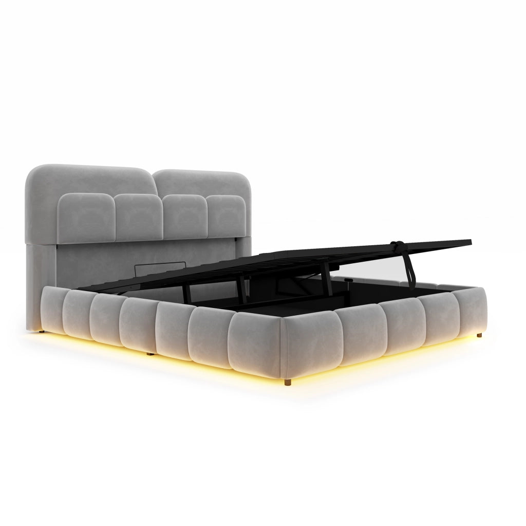 Letto imbottito 140x200 cm con contenitore idraulico e LED; velluto; grigio