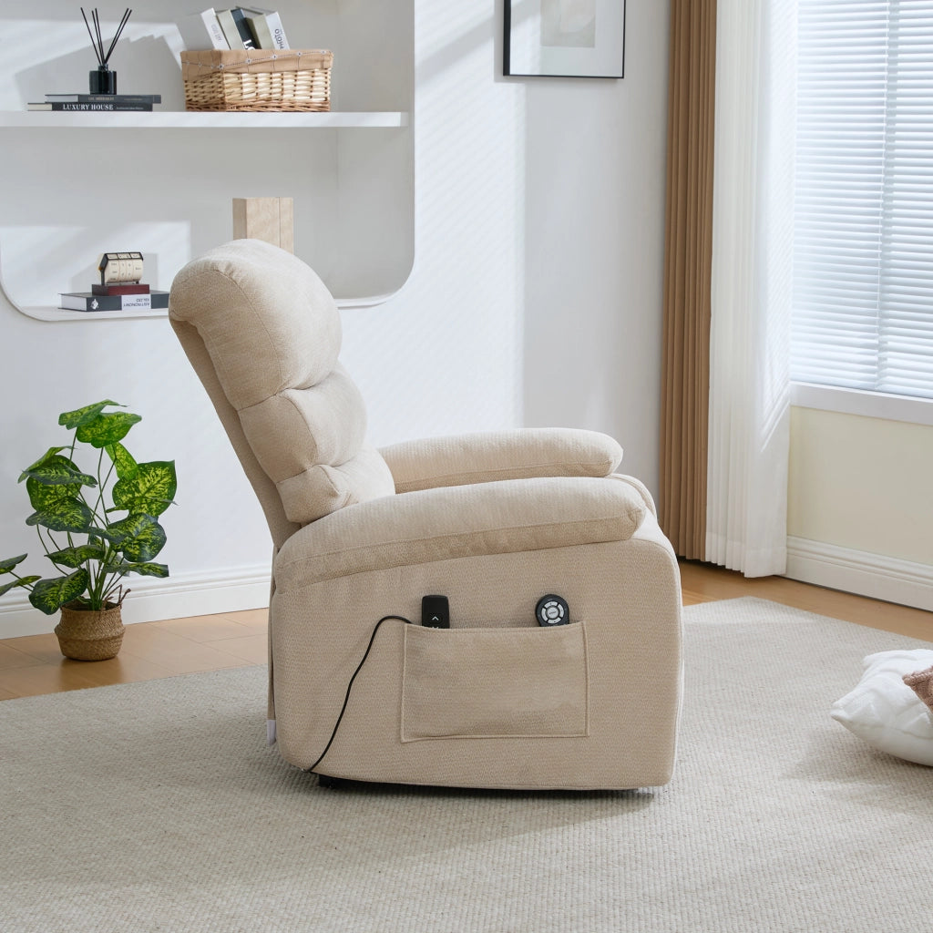 Poltrona Relax Elettrica Massaggiante con Alzapersona ¨C MINIMAL ¨C Reclinabile, Poggiapiedi, Tessuto Kaki Chiaro