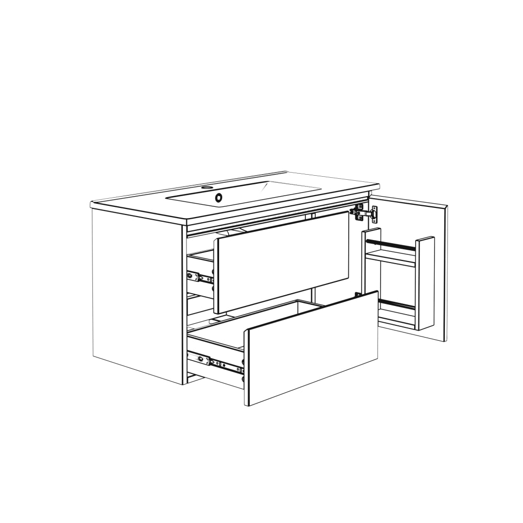 Mobile sottolavabo con lavabo in ceramica, LED con sensore radar, 2 cassetti e 1 vano, bianco 91 × 46,5 × 50,5 cm