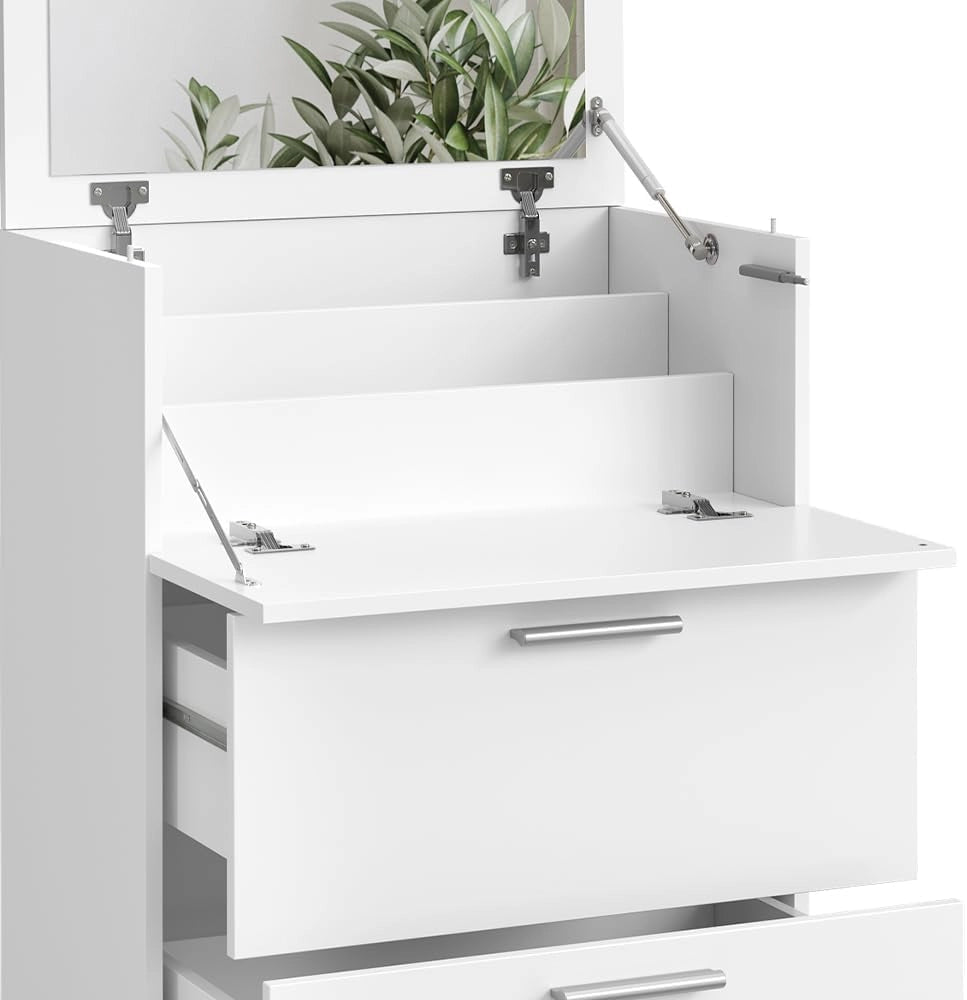 Tavolo da toeletta Hanna, Bianco, 65.8 cm con 2 cassetti, con specchio ribaltabile per l’uso come toeletta o cassettiera