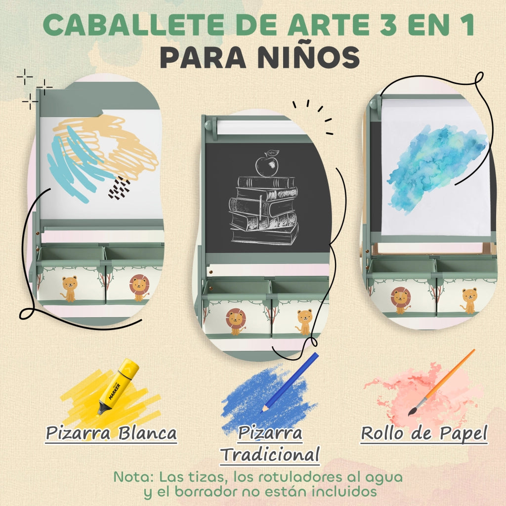 Cavalletto da pittura 3 in 1 per bambini ¨C Xylo ¨C doppia faccia con rotolo carta e cestini verde