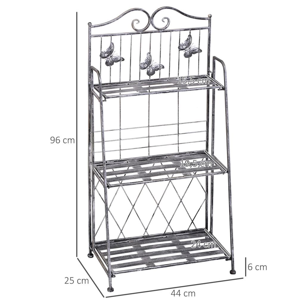 Portavasi pieghevole in metallo grigio a 3 ripiani 44x25x96 cm