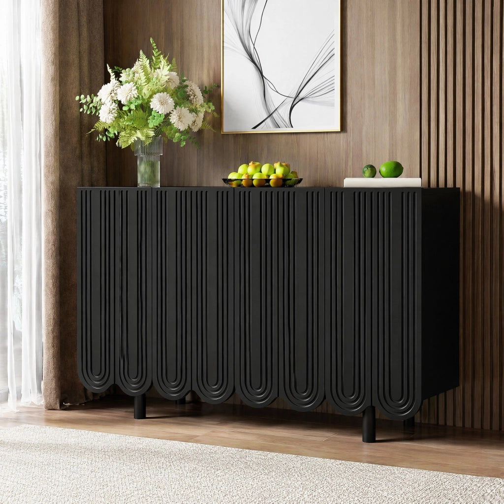 Credenza a 4 ante con intagli a goccia, ripiani interni e cerniere ammortizzate, MDF nero 120 × 37,5 × 80,8 cm