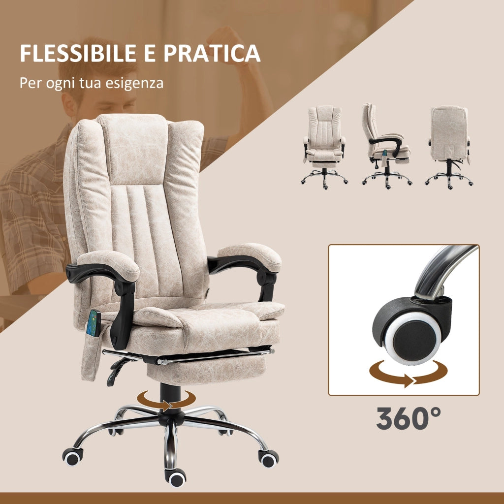 Sedia da Ufficio Presidenziale Massaggiante e Riscaldante 62x70x113-120 cm con Poggiapiedi Crema