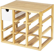 Wijnrek - Riga per massimo 8 bottiglie - Con cassetto e apripetone integrato - Materiale naturale bambù/MDF - 335 x 29 x 24 cm - Naturale/ Bianco