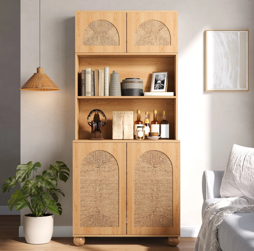Credenza alta con vani aperti e porte intrecciate; 80x40x180 cm; MDF e truciolare; naturale