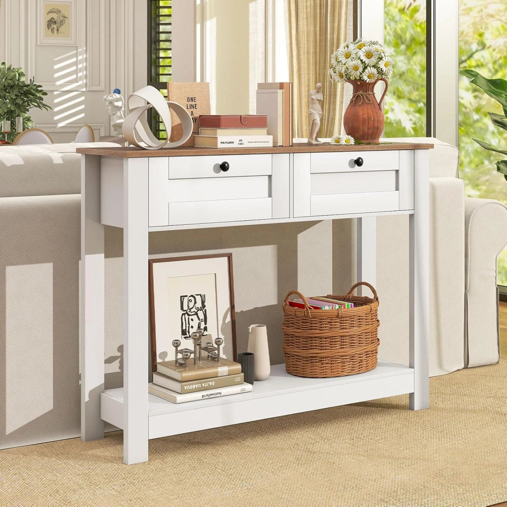 Tavolo consolle in legno a 2 livelli, mobile d'ingresso con 2 cassetti e ripiano inferiore, 106 x 30 x 81,5 cm, stile rustico, tavolino ausiliario stretto per soggiorno, corridoio