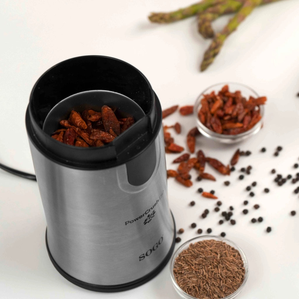 Macinacaffè elettrico per caffè e spezie 150W, capacità 50g lame inox e corpo acciaio con funzione a pressione - Sogo