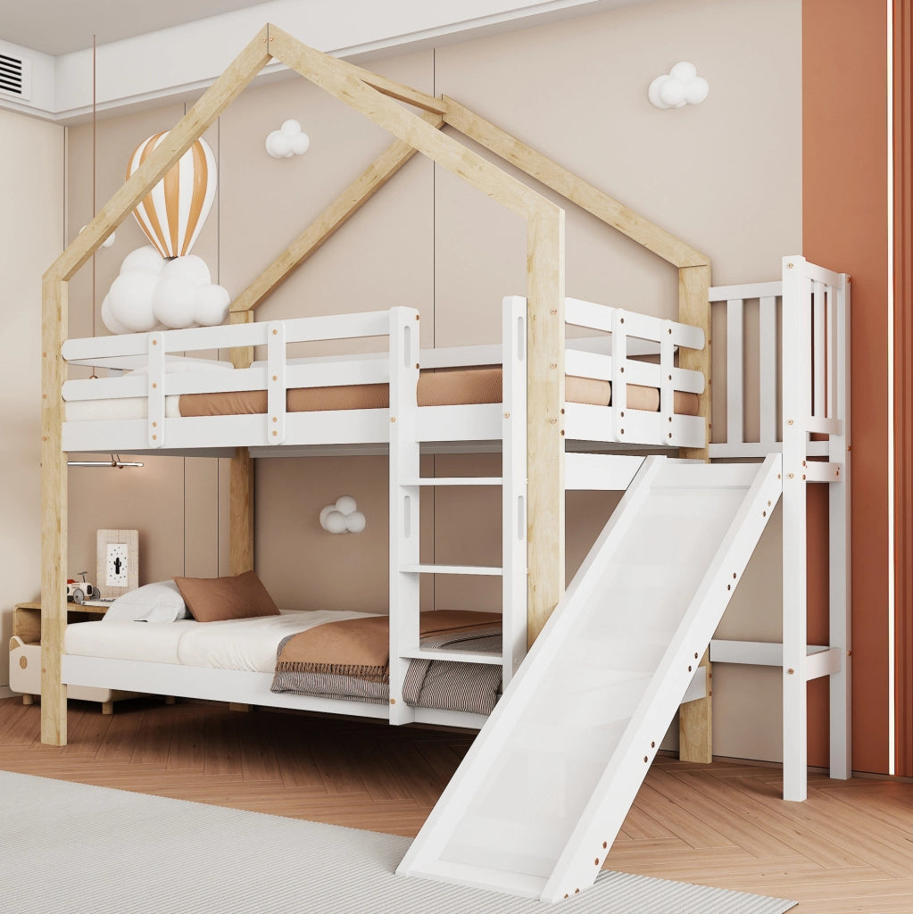 Letto a castello 90x200 cm con scivolo e scala in legno e MDF bianco