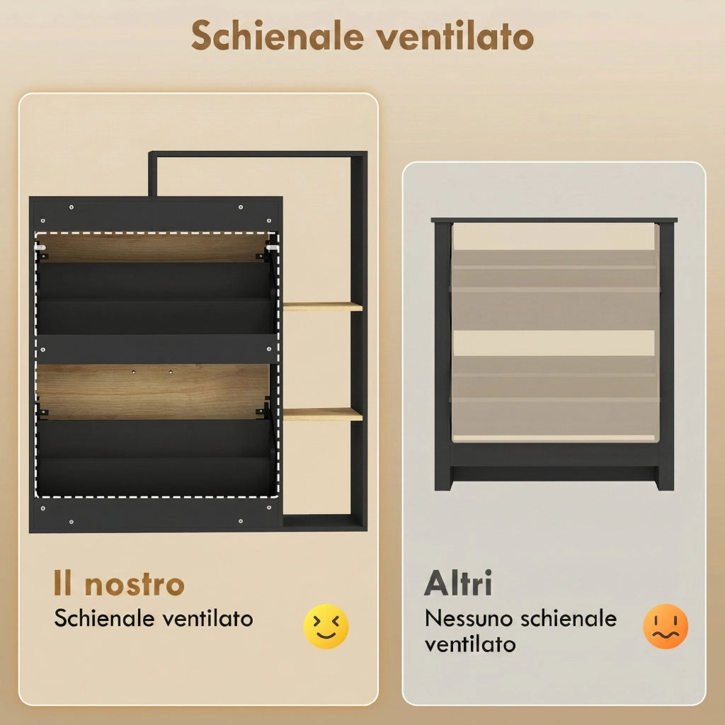 Mobile Portascarpe con 2 Cassetti a Ribalta e Ripiani ¨C Zephmum ¨C Nero e Legno Naturale