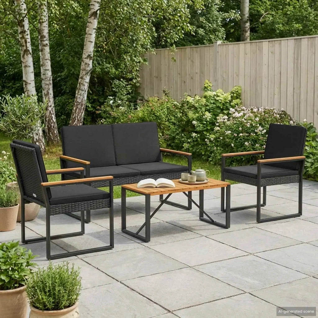 Set Mobili da Esterno con cuscino 4 pcs Nero polyrattan