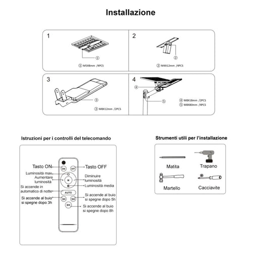 Lampada Stradale 200W Fotovoltaico Energia Solare Dimmerabile KIT Completo SOL-11-200W