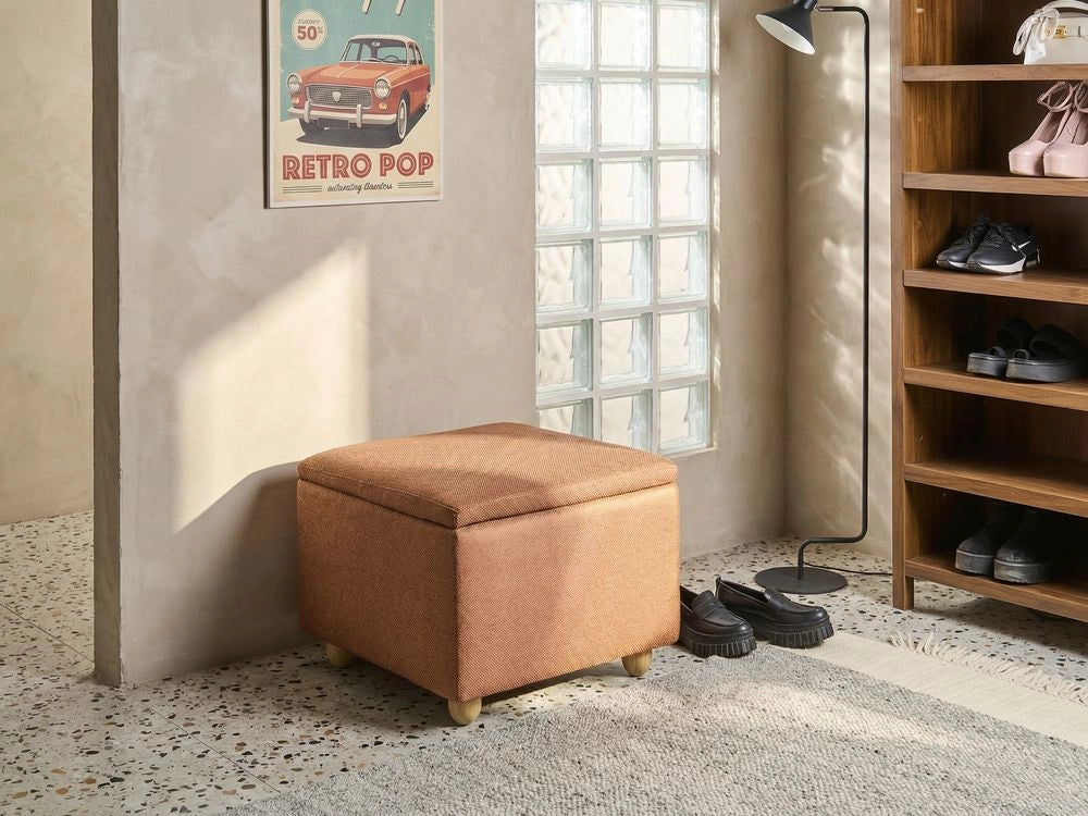 Pouf contenitore Marrone dorato Tessuto Finitura idrorepellente Poggiapiedi imbottito con contenitore Seduta per ingresso