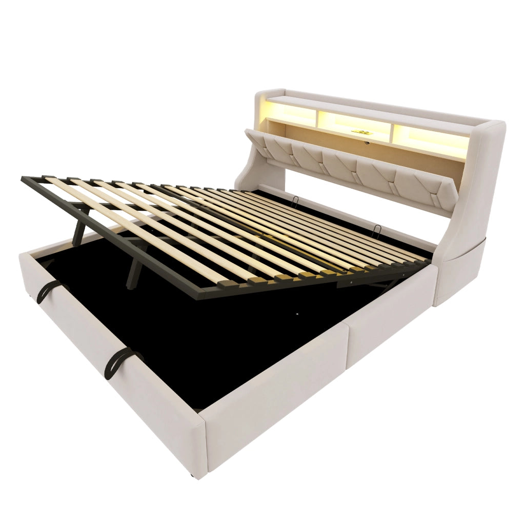 Letto matrimoniale contenitore 180x200 cm con testiera ribaltabile; prese; LED e piedi maggiorati; velluto grigio
