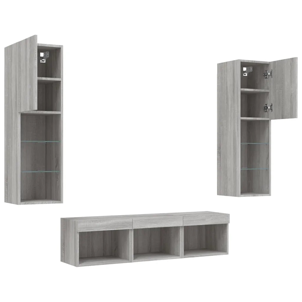 Mobili TV a Muro con LED 5pz Grigio Sonoma in Legno Multistrato