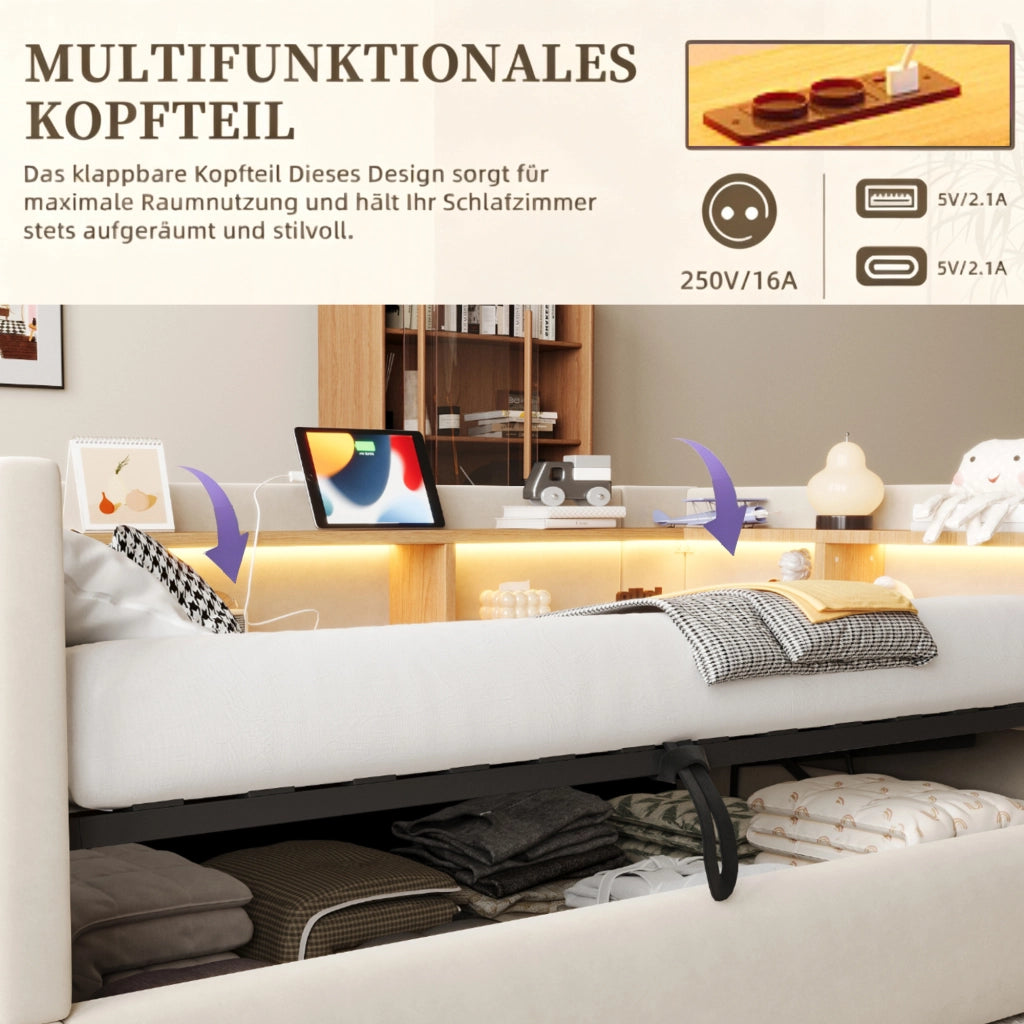 DIVANO LETTO 90x190 cm Beige in flanella con vani contenitore
