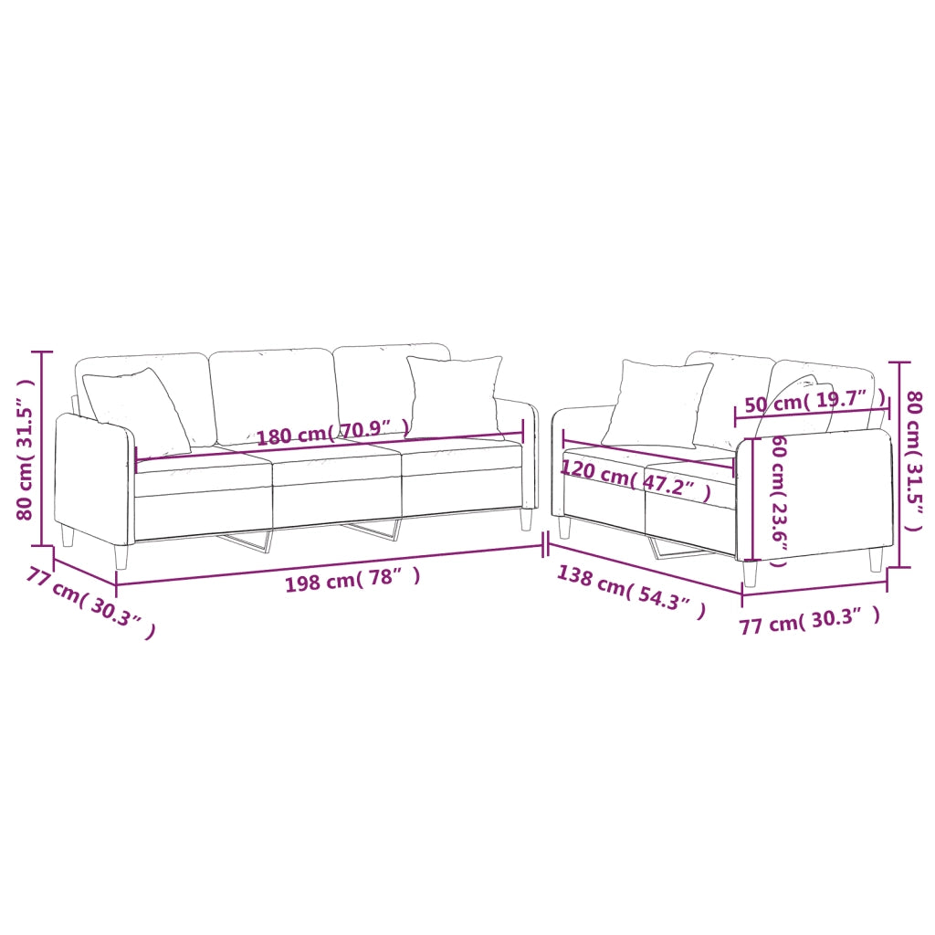 Set di Divani 2 pz con Cuscini Rosso Vino in Tessuto 3202140