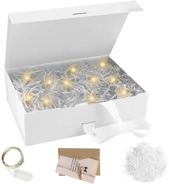 Scatola di regalo con coperchio - Scatola di nozze pieghevole - Con lampioncini LED - 23 x 17 x 7 cm - Scatola di regalo per compleanni - Adatta per Natale