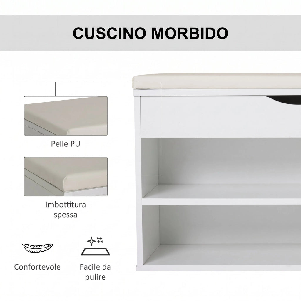 Panca Scarpiera 80x30x47 cm Salvaspazio con Sedile Imbottito Ribaltabile da Ingresso in Legno Bianco