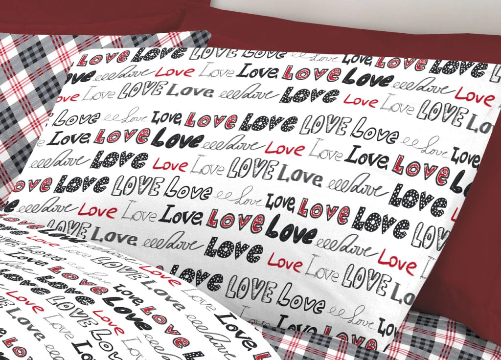 Completo Lenzuola Letto Linea Young 100% Cotone Disegno Love Love - Matrimoniale - Rosso