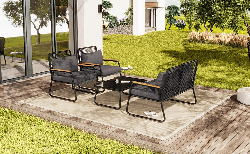 Set giardino: Divanooo + tavolo 4 persone; ferro zincato; tavolo vetro; piedini regolabili; cuscini; nero