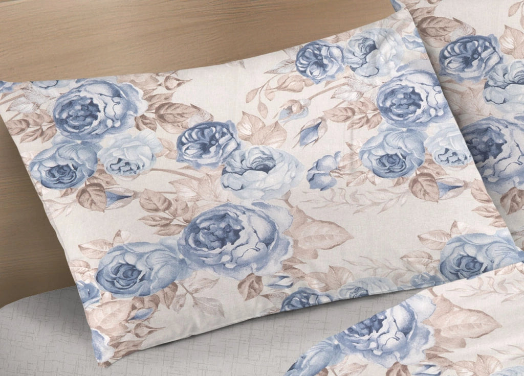 Completo Lenzuola Letto 100% Cotone Disegno Rose Floreale Fiori Romantico Mod RP Made In Italy - 1 Piazza - Blu
