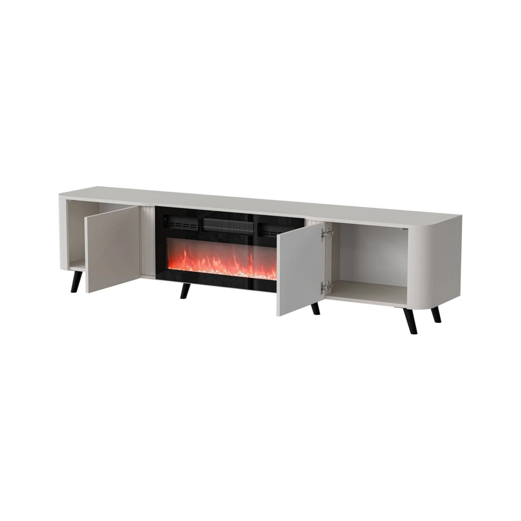 Mobile porta TV Vicino, Madia da salotto con due ante battenti e camino elettrico, Rialzato da terra, 191x40 h58 cm, Beige