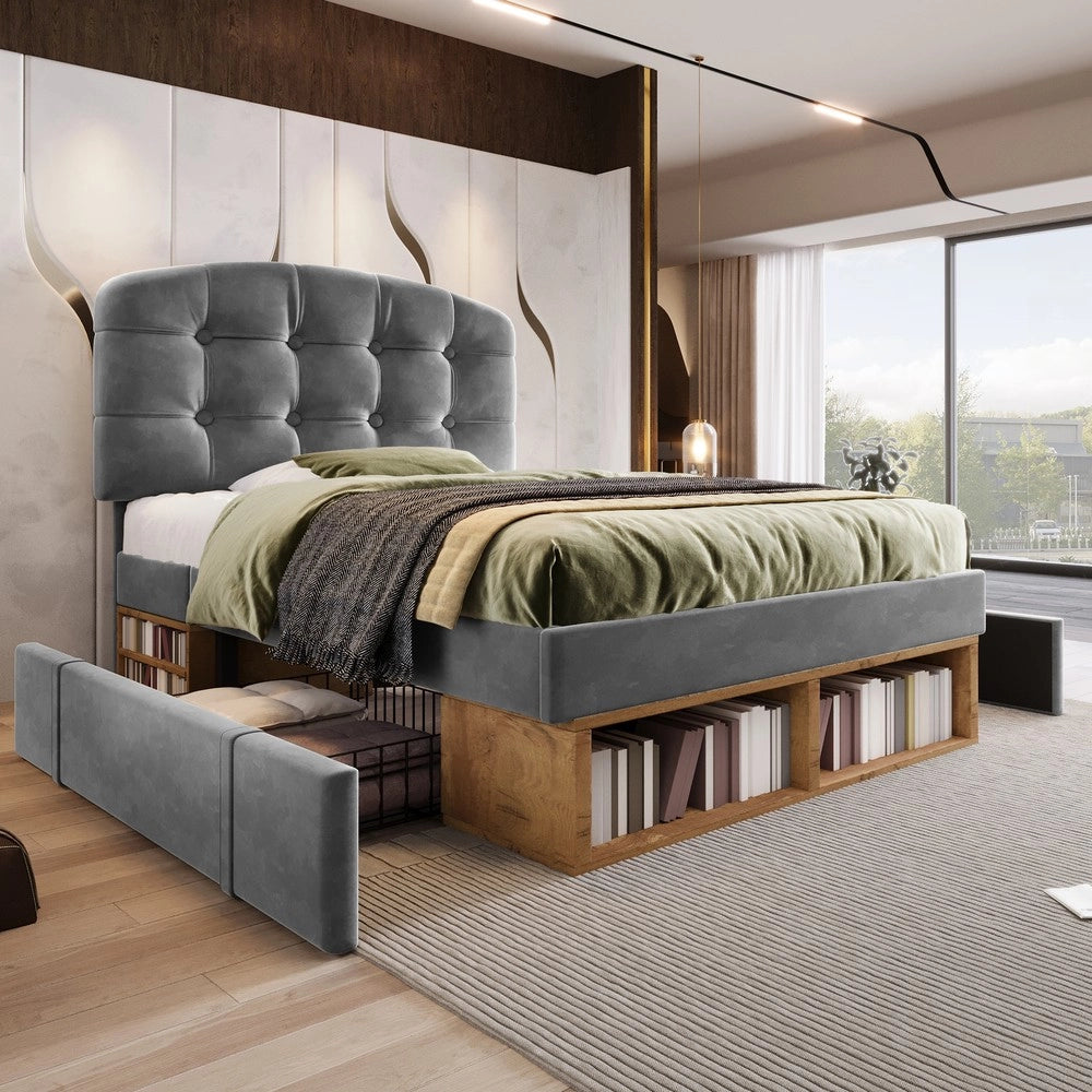 Letto Singolo Imbottito con Cassetti e Testiera ¨C Xylo ¨C Velluto Grigio 90x200