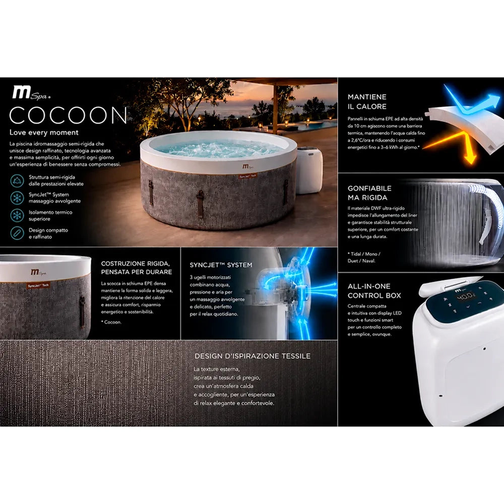 Tempo Style -  Piscina Idromassaggio Circolare semirigida Mspa Cocoon-Eco F-CO066W (6 Posti) |1.80 Ø x 0.65 H |850 litri | 130 getti d'aria massaggianti a 3 velocità