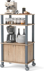 Carrello a rotelle a microonde, carrello da cucina a microonde, con 4 ruote e 2 freni, ripiano portaoggetti a 3 livelli e armadio ante,60 x 40 x 98 cm (Naturale)