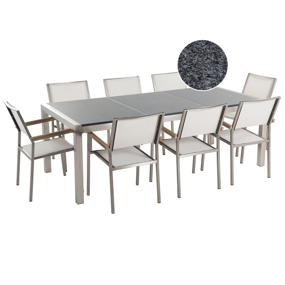 Set da pranzo da giardino bianco con piano in granito grigio 8 posti 220 x 100 cm