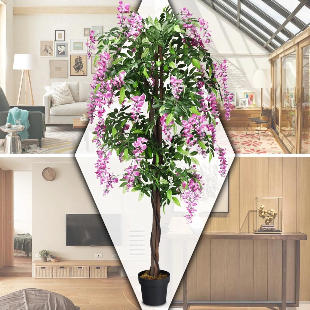 Pianta artificiale Wisteria, albero artificiale con foglie e 2 tronchi, fiori artificiali in vaso, piante decorative, 180 cm