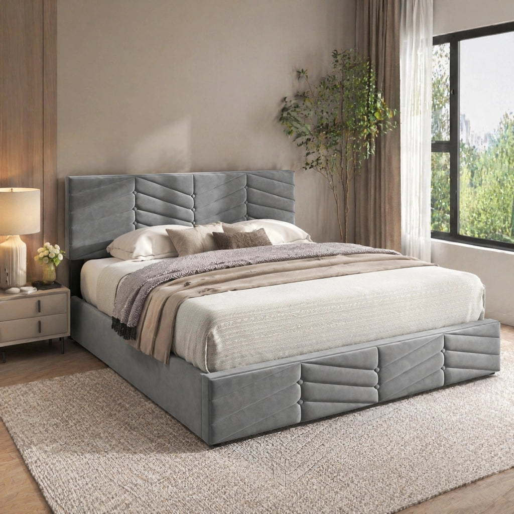 Letto matrimoniale imbottito 140x190 cm in velluto grigio con contenitore, testiera regolabile e rete a doghe
