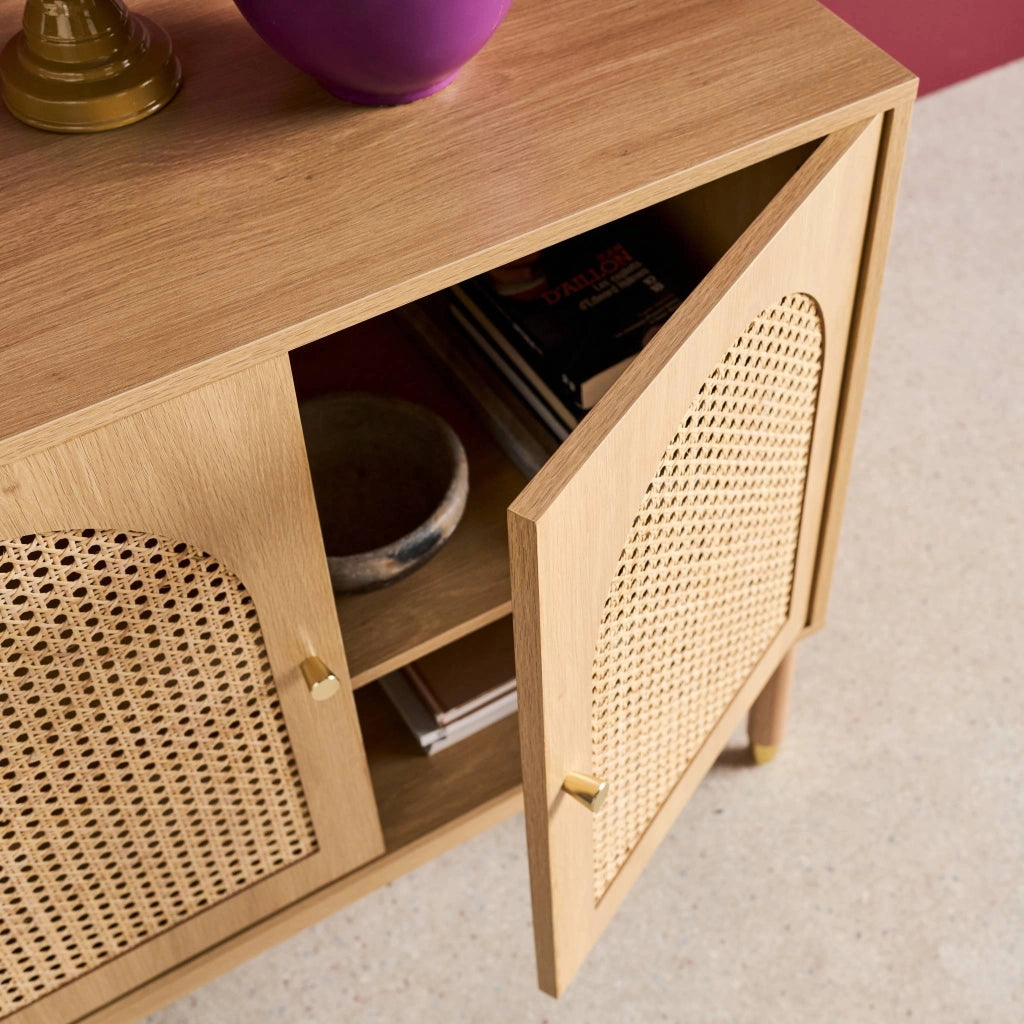 Credenza decorazione legno e canna 3 ante 120cm, marrone naturale